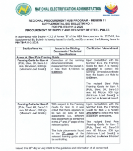 Read more about the article Supplemental Bid Bulletin No. 1 for PB-ITB-R11-2-2026 – Procurement of Supply and Delivery of Steel Poles