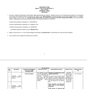 Read more about the article Region XI RPH Public Bidding No. 3, Series of 2026 (Rebidding) – Supply and Delivery of Conductors
